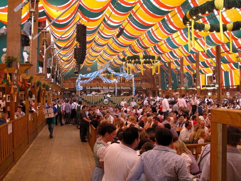 Inside the Lowenbrau beer tent at Oktoberfest Munich